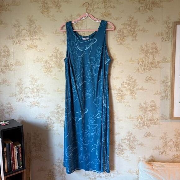 Vintage 90s blue whale hibiscus Hawaiian floral print tank maxi dress 2XL - Picture 1 of 4